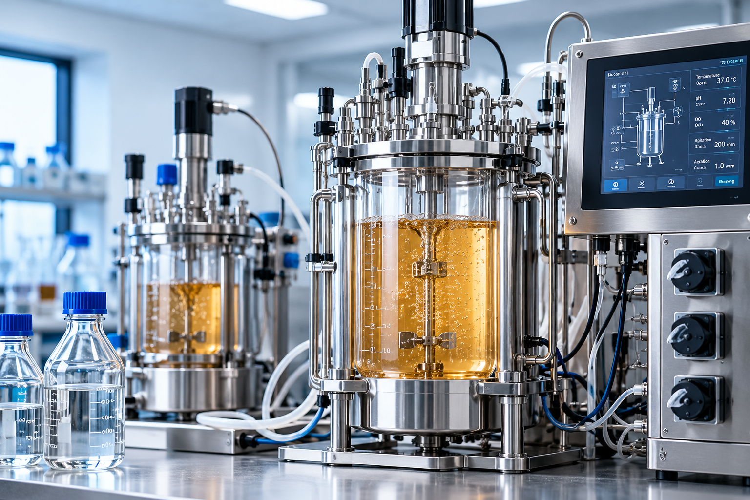 Bench-top laboratory bioreactor with glass vessels