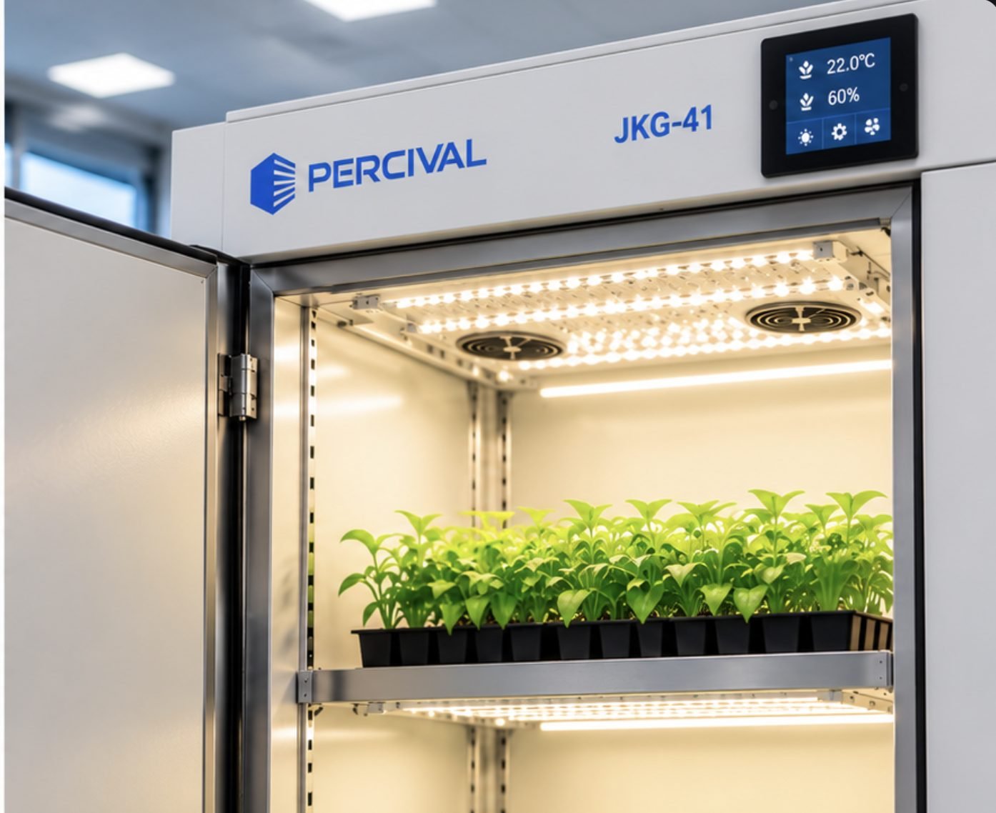 JKG-41 multi-application growth chamber with LED-lit shelf of seedlings and touchscreen controller