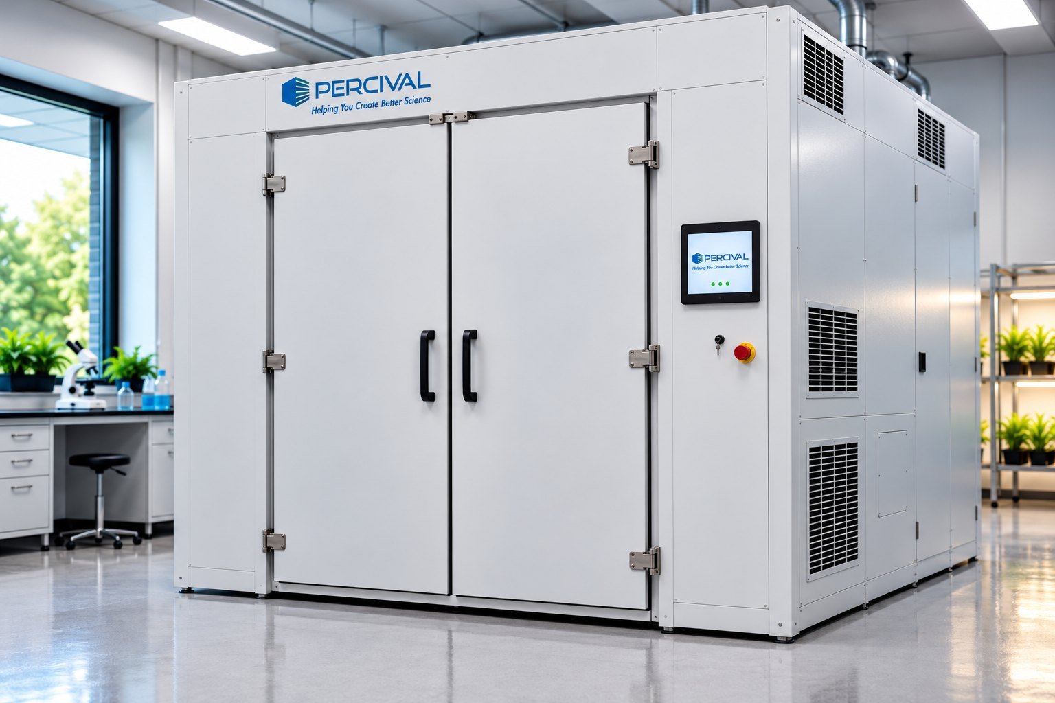 Percival custom walk-in growth chamber with double doors and optional touchscreen controller in a laboratory