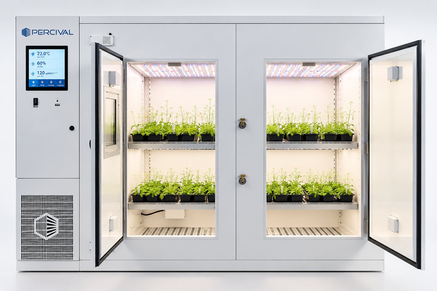 Two-door Percival reach-in plant growth chamber with LED-lit shelves of Arabidopsis and touchscreen controller