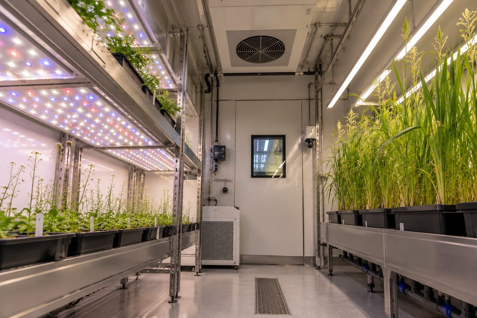 Walk-in growth room with rice plants and Arabidopsis under LED lighting