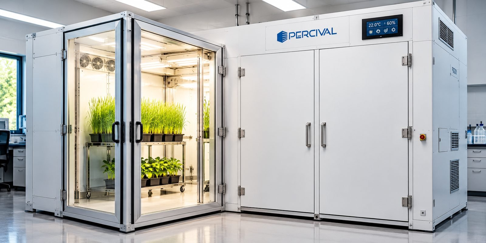 Walk-in plant growth room with glass doors, plant trolleys and touchscreen control